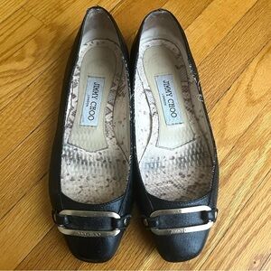 JIMMY CHOO Black Leather Gold Buckle Flats Size EUR 36.5 / fits like a 6.5-7
